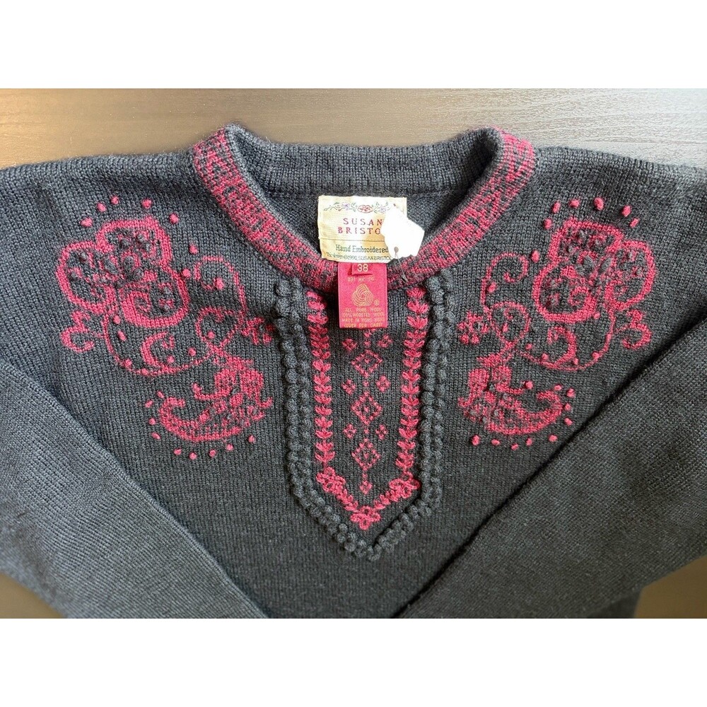 Vintage NWT Susan Bristol 100% Wool Sweater 38 Hand Embroidered Folk 90s Black R
